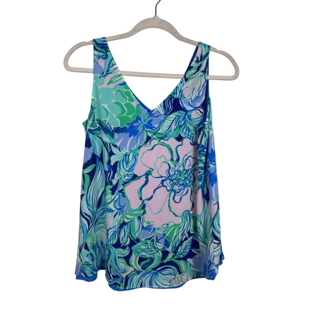 Lilly Pulitzer Florin Top Women XS‎ Blue Floral Excellent Reversible Sleeveless